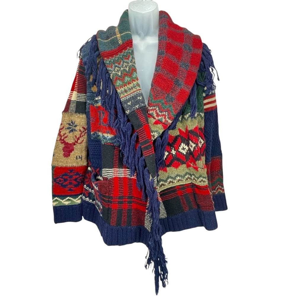 Polo Ralph Lauren Men Large Wool Americana‎ Patchwork Cardigan Sweater Fringe